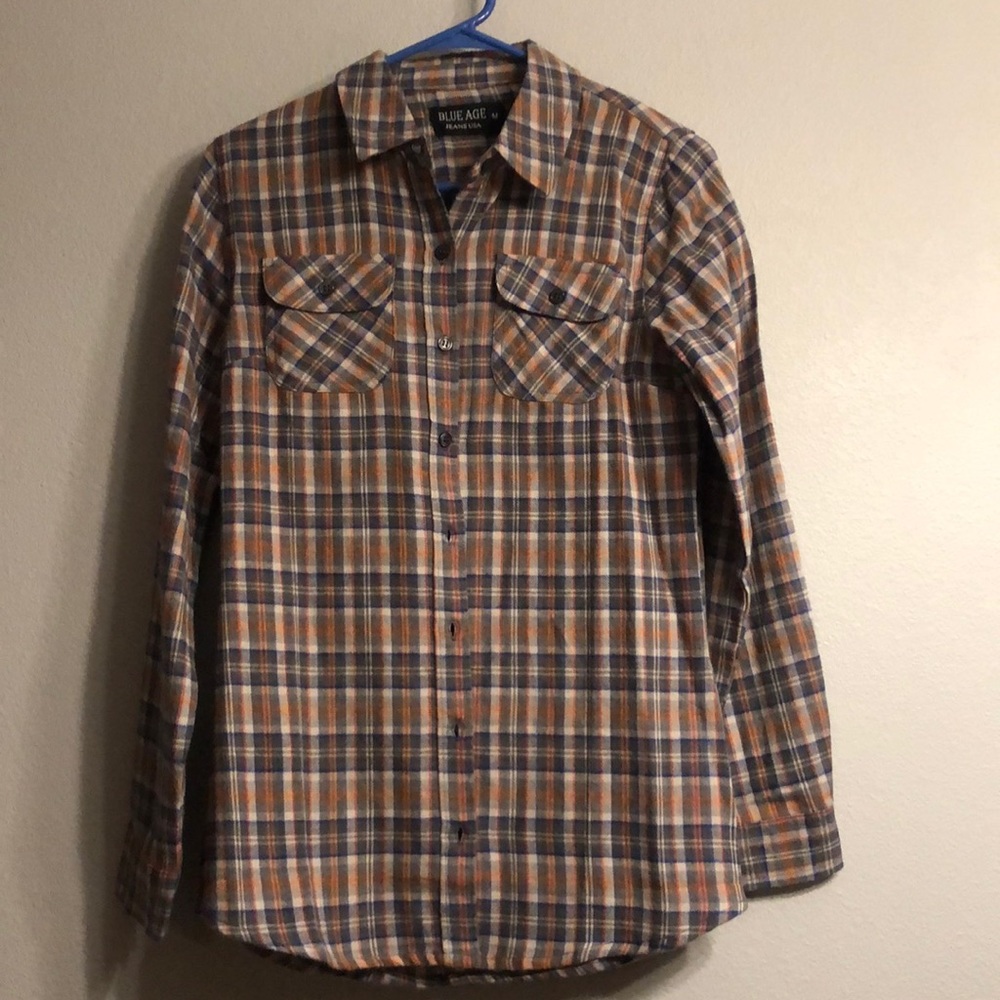 Brand new.  Never worn blue/orange plaid button down. Size M